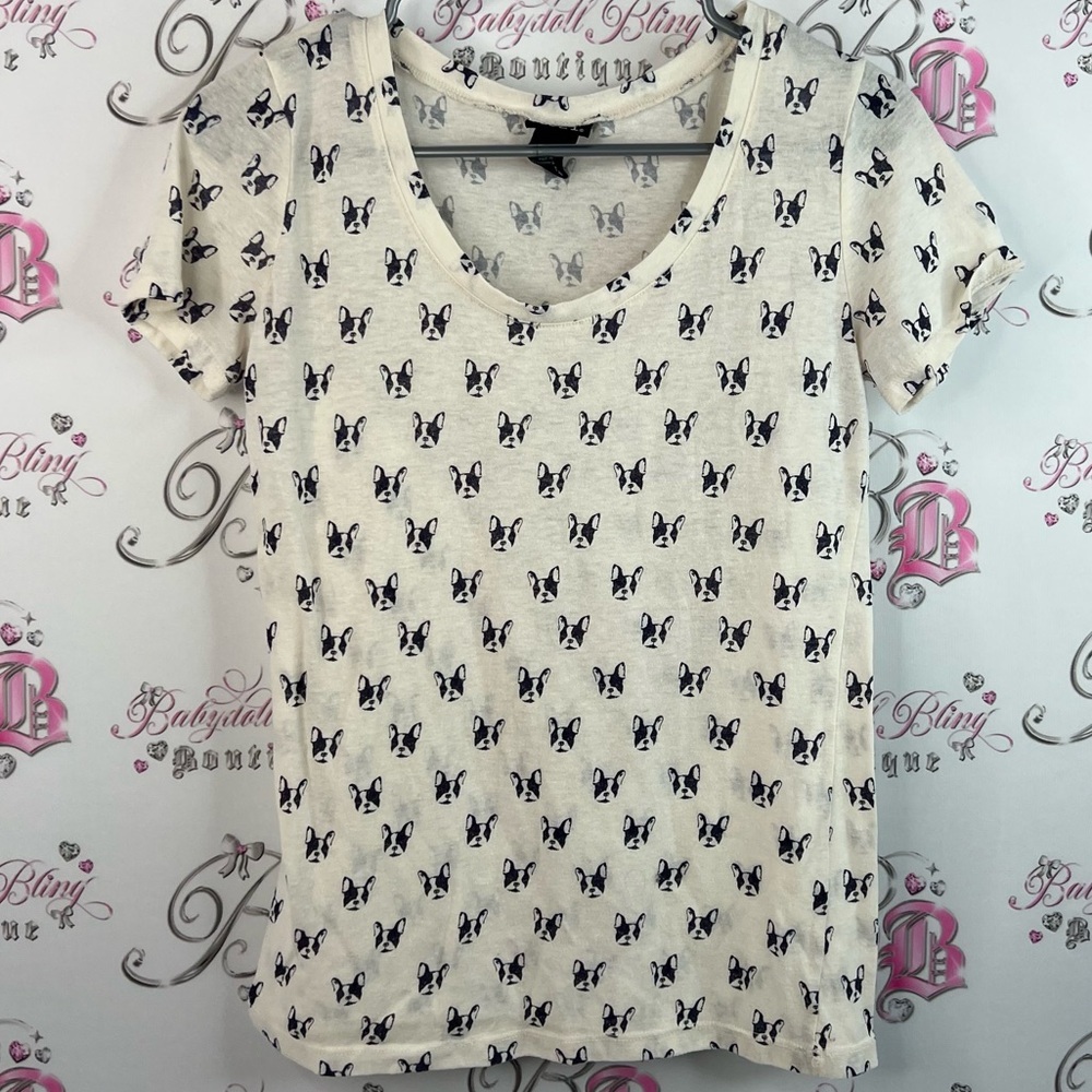 Rue21 tshirt tee round neck dog print white Cream Dog Print Tee black puppy